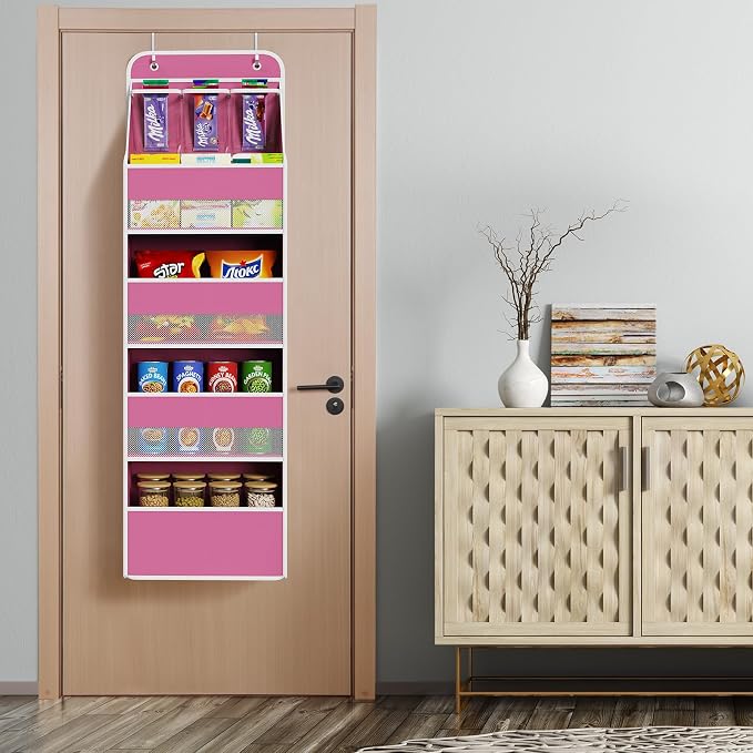 Univivi Fabric Over Door Hanging Organizer for Baby Nursery, Pink, 5-Shelf | Door Storage with Large Capacity Breathable Mesh Pockets, Over Door Storage Organizer for Baby Essential, Bedroom, and Dorm