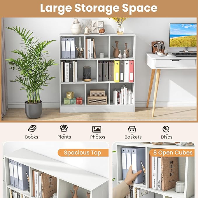 Giantex 8 Cube Bookcase, 4-Tier Freestanding Bookshelf w/ 8 Open Compartments, 2 Anti-Tipping Kits, Modern Display Cabinet, 41" Wood Cubby Storage Organizer for Living Room, Bedroom, White