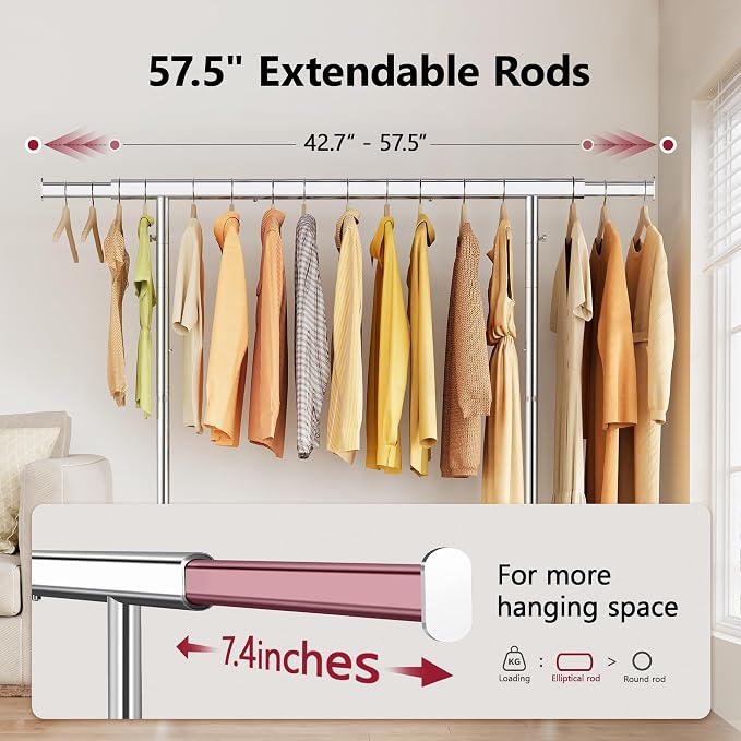 Clothes Rack with Shelf, Rolling Heavy Duty Load 300 LBS, Chrome | Clothing Rack with Extendable Rod and Height Adjustable, Portable Garment Rack for Bedroom, Rental Apartments, Market Stalls