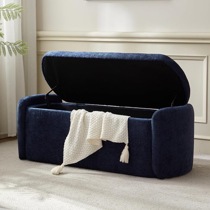 VKNOW Storage Bench, Upholstered Storage Ottoman Bench with Hinge, Navy | Ottoman Bench with Large Capacity, Curved Frame, Soft Fabric, Storage Bench for Bedroom, Living Room, Entryway, Window