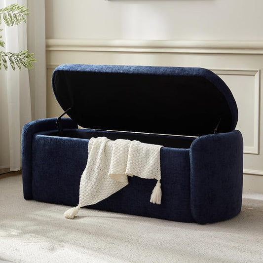 VKNOW Storage Bench, Upholstered Storage Ottoman Bench with Hinge, Navy | Ottoman Bench with Large Capacity, Curved Frame, Soft Fabric, Storage Bench for Bedroom, Living Room, Entryway, Window