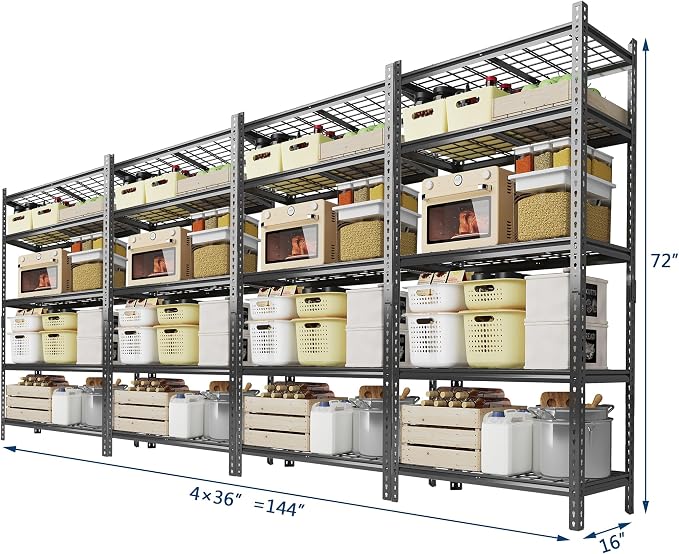 Garvee 5 Tier Metal Storage Shelving Unit 36" W Garage Shelving 4 Pack | Heavy Duty Garage Shelving 2200 LBS Storage Shelves for Garage Kitchen Pantry Warehouse Basement 36" W × 16" D × 72" H