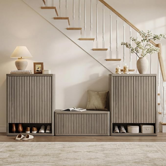SICOTAS Shoe Cabinet 44 inch Tall Fluted Shoe Cabinet with Doors & 4 Shelves Wooden Large Hidden Shoe Storage Organizer Modern Free Standing 6-Tier Cabinet for Entryway Living Room Closet