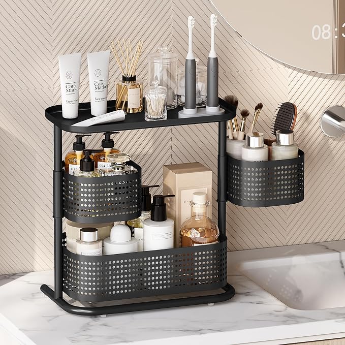 KINGRACK Metal Bathroom Counter Organizer，Rotating Countertop Storage Shelf | 3 Tier, Cosmetic Holder for Skincare & Makeup, Kitchen Spice Rack, Bedroom Nightstand Organizer, Black