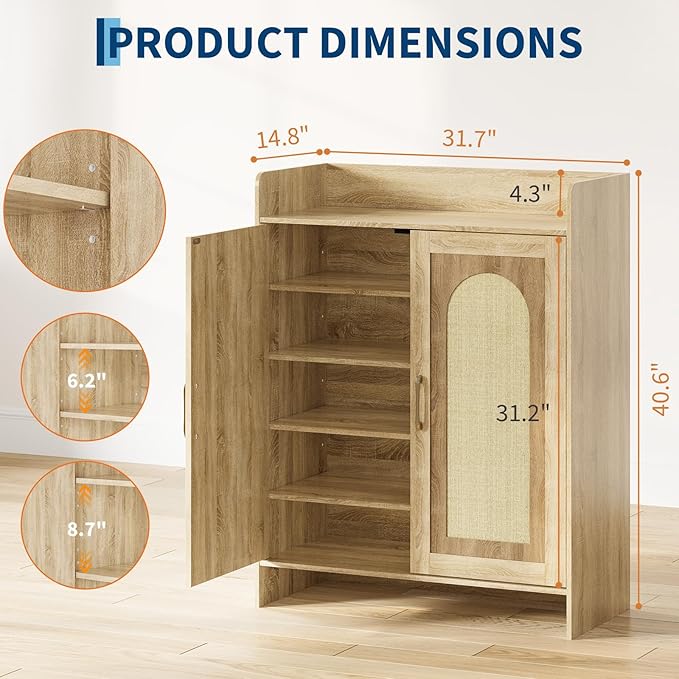 Garvee Shoe Cabinet Storage for Entryway, Rattan Storage Cabinet, Wooden Shoe Rack with 2 Doors, Farmhouse Boho Wood Shoe Organizer Cabinet for Entrance Hallway Living Room Foyer