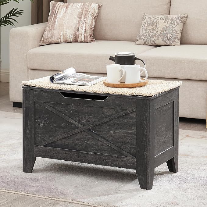 VECELO 30" Storage Chest with Lift Top Storage, Farmhouse Style Ottoman with Handwoven Wicker Cushion, Safety Hinges, Ideal for Entryway, Bedroom, Living Room, Coal Gray