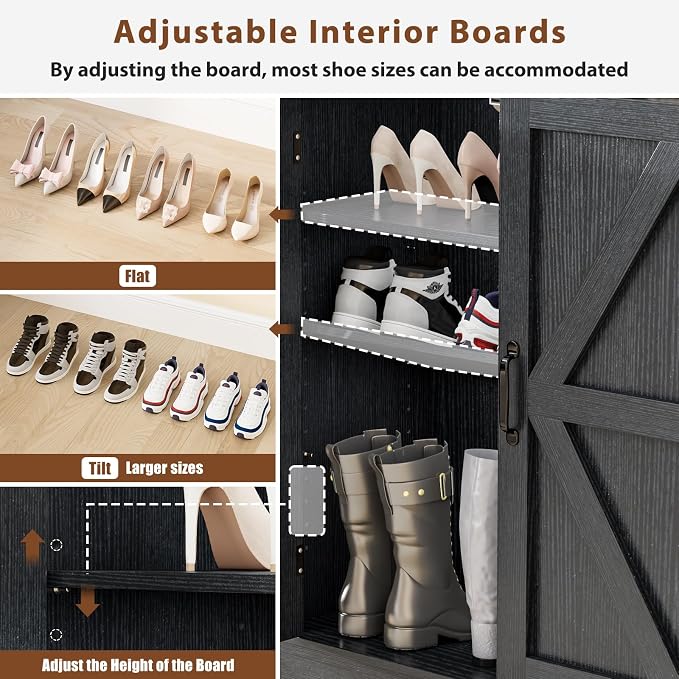 ALLSTAND 6-Tier Shoe Cabinet with Doors, Entryway Shoe Rack Shoe Storage Cabinet with Adjustable Shelves & Anti-tip Fitting, Farmhouse Shoe Cabinet Storage for Entryway, Living Room, Closet, Black