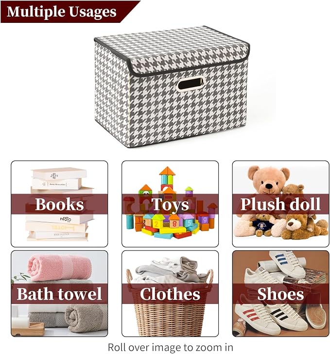 STOREONE Fabric Storage Cube Bins Foldable Organizer Container Collapsible Basket with Lids and Metal Handles, for Home, Bedroom, Closet 6 Pcs (Houndstooth)