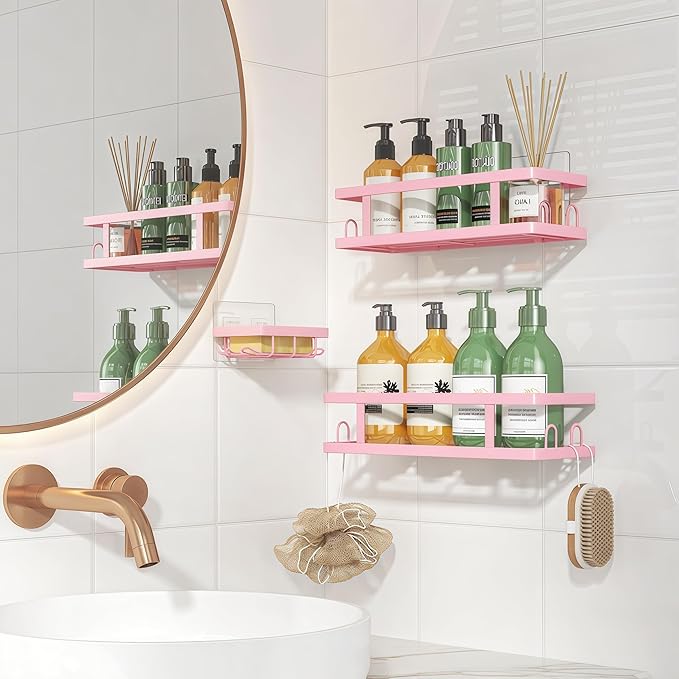 Youvip Adhesive Shower Caddy,Shower Shelves with Soap Holder and 12 Hooks,No Drilling Bathroom Organizer and Storage,Pink,3 Pack