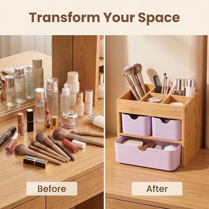 Bamboo Makeup Organizer with 3 Pink Drawers | Dresser Cosmetic Organizer Box Bamboo Desk Organizer for Home, Adjustable Dividers 3 Drawers