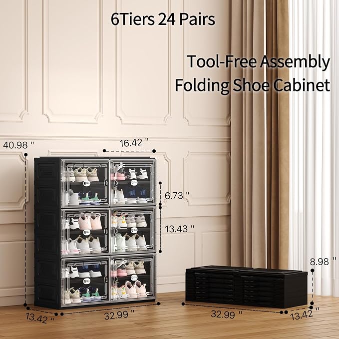 Foldable Shoe Cabinet with Magnetic Clear Doors, Wide Design Shoe Rack for Entryway, Portable Shoe Organizer Meeting Diverse Storage Needs (Black, 2Row 6Tier)
