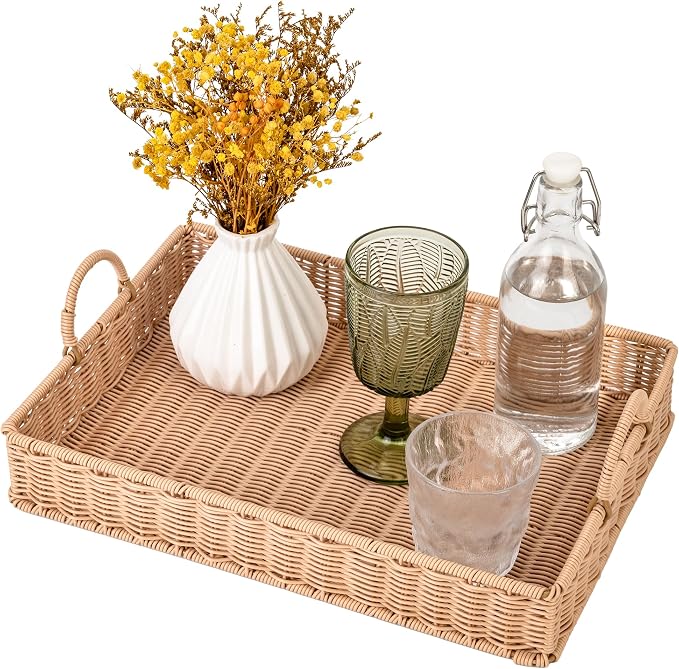 GRANNY SAYS Rectangle Serving Tray, Coffee Table Tray, Wicker Serving Trays with Handles, Decorative Tray for Coffee Table, Woven Tray for Living Room, 15 ¾"×11 ½"×2 ¼"