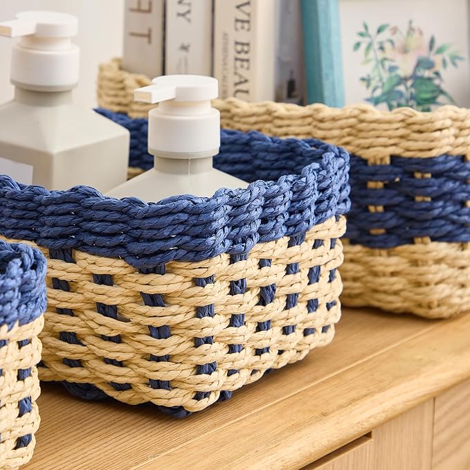 4PCS Woven Storage Baskets Set, Small Baskets for Organizing, Square Handwoven Paper Rope Organizer Bins for Shelves and Home Storage (Natural & Navy)