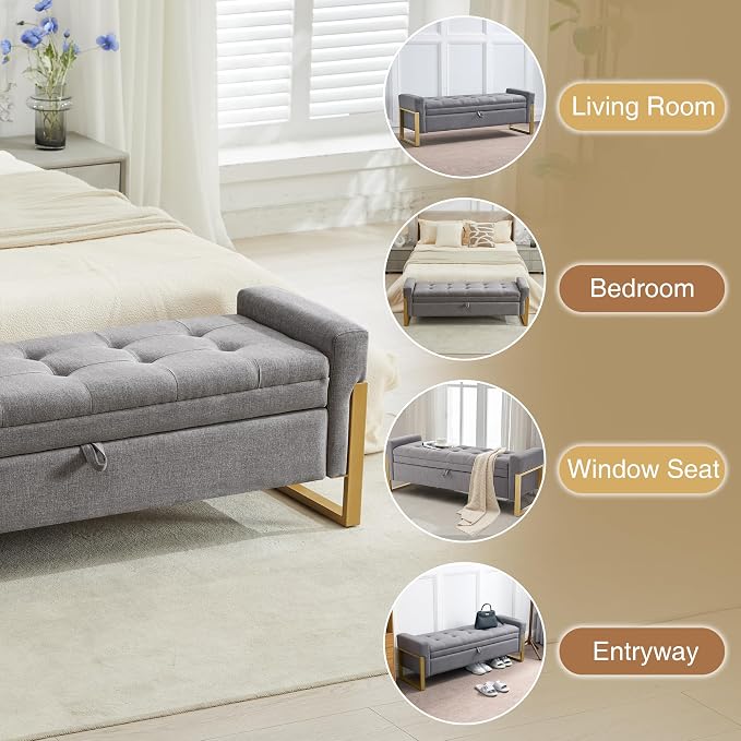 adochr 57" Storage Ottoman Bench, Upholstered End of Bed Bench, Light Grey | Metal Legs & Button-Tufted, Linen Ottoman with Storage 500 lb Capacity for Living Room, Bedroom, Entryway