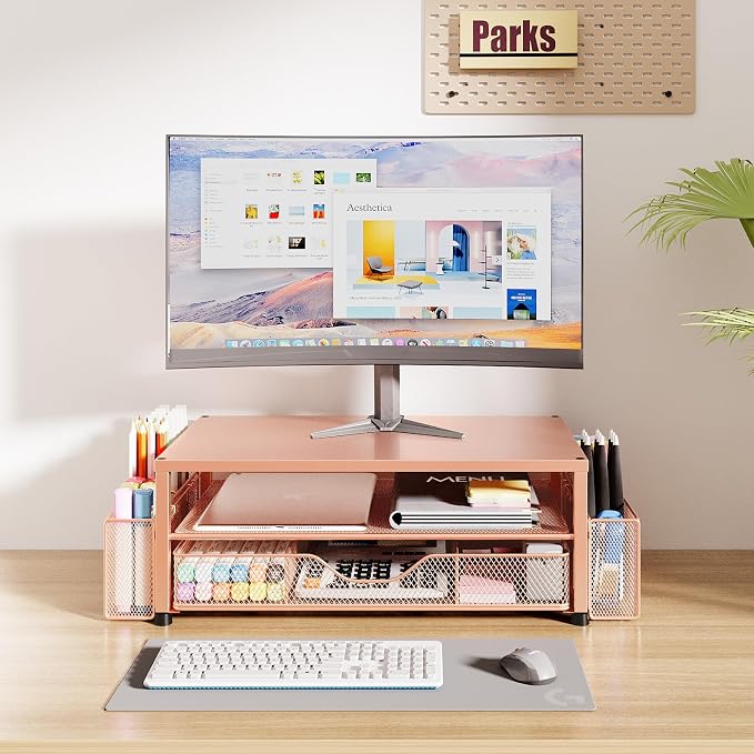 OPNICE Desk Organizer and Accessories, 2-Tier Computer Monitor Stand Riser with Drawer and 2 Pen Holders, Laptop Stand, Office Desk Accessories for Office Supplies, 1 Pack, Rose Gold
