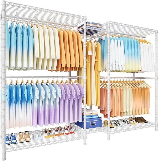 E12 Max Clothes Rack，Heavy Duty Freestanding Garment Rack with Shelves，Metal Clothing Closet Storage System for Hanging Clothes，83" W x 16" D x 76.5" H, Hold 1060 lbs，White