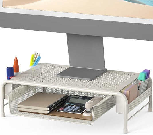 Simple Houseware Metal Desk Monitor Stand Riser w/ Organizer Drawer, White | Side Storage for Office Supplies