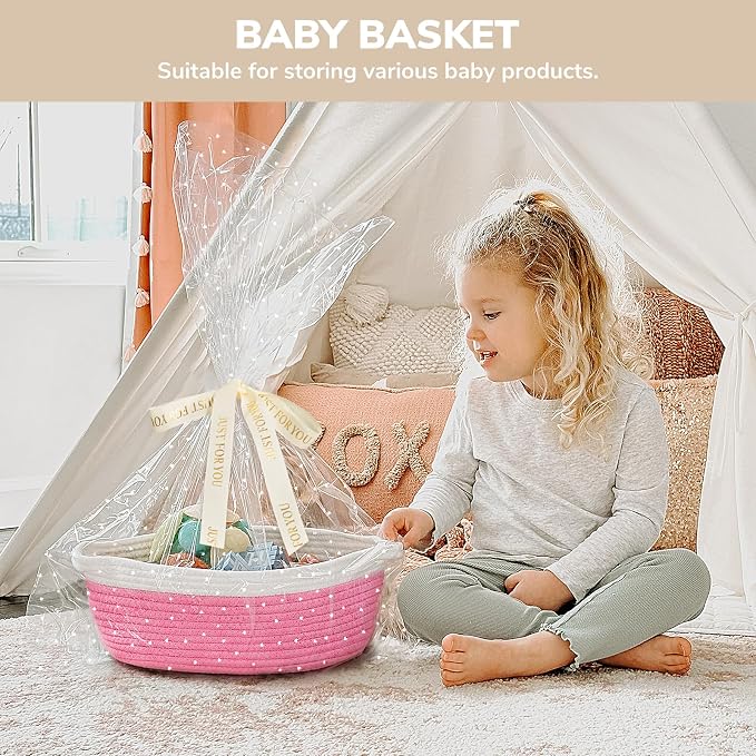 CHICVITA Gift Basket Empty with Bags & Ribbon for Baby Shower, Pink | 12"x 8"x 5" Woven Gift Basket Empty to Fill for Girl Birthday, Rope Baskets for Organizing, Decorative Basket