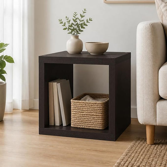 Cube Storage Organizer Bookcase with Open Back, Stackable Bookshelf, Extra Thick Book Shelf, 15.8 x 15.8 x 14.6, for Bedroom, Living Room, Home Office, Black Dark Oak