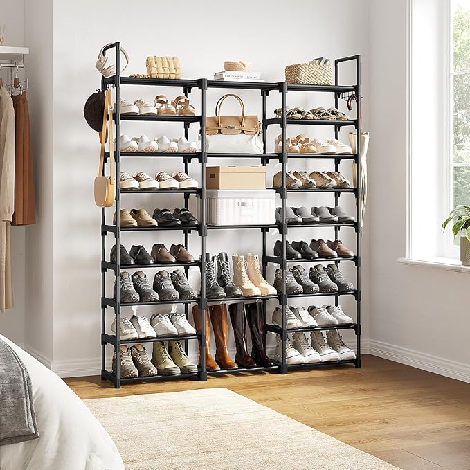 WOWLIVE 9 Tier 3-Column Shoe Rack, 50-55 Pairs Stackable Black | 50in long for larger entryways. Removable shelves fit tall boots. Split into multiple units for garage/closet.