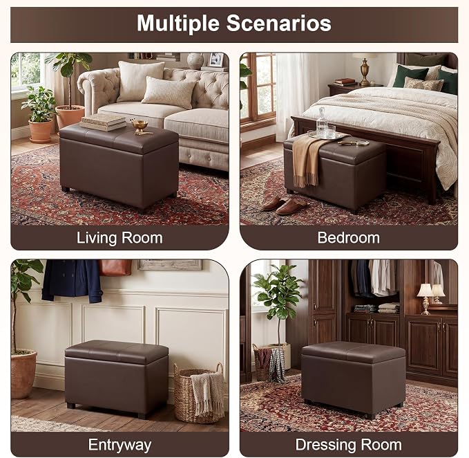 24" Leather Storage Ottoman Bench, Rectangle Foot Rest Stool for Living Room, Bedroom, Entryway, Brown