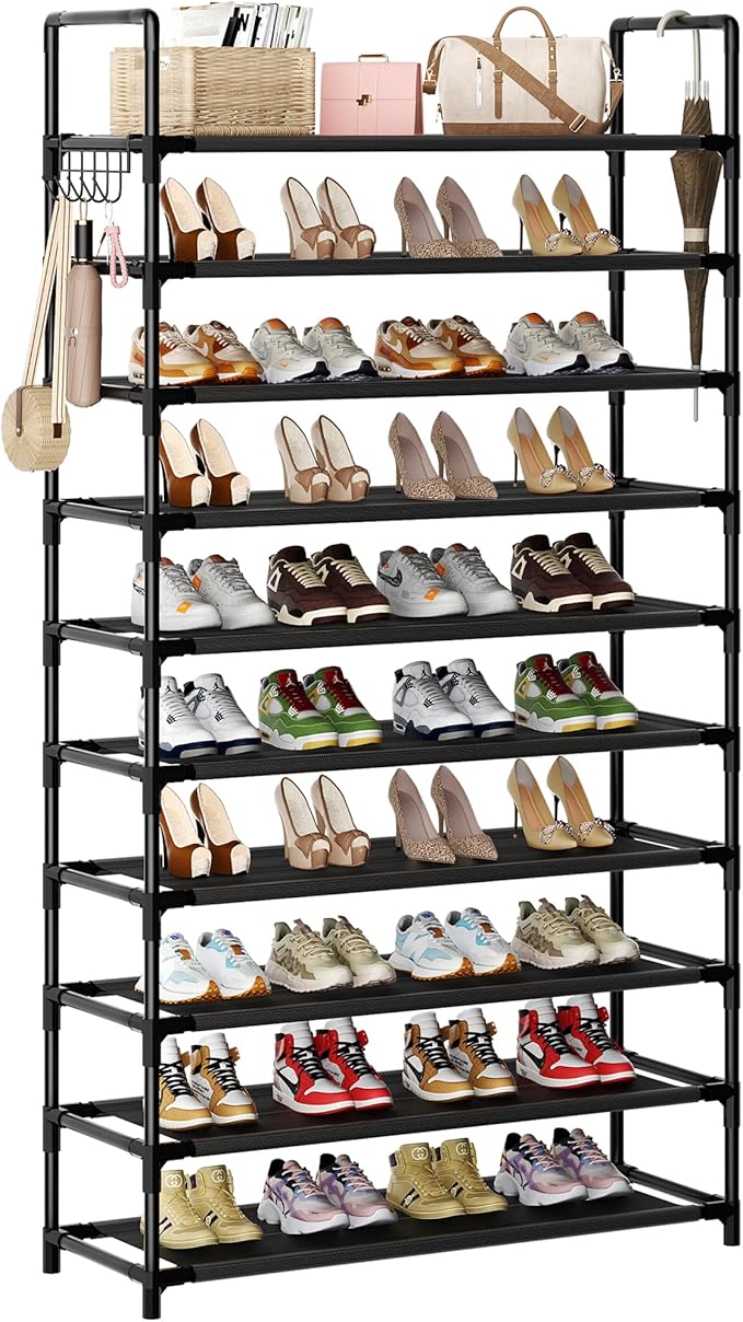 Shoe Rack, 10 Tier Shoe Storage Organizer with Hooks,Fit 40-45 Pairs Shoes,Nonwoven Fabric Tall Shoe Shelf for Closet,Entryway, Hallway,Garage,Bedroom,Cloakroom