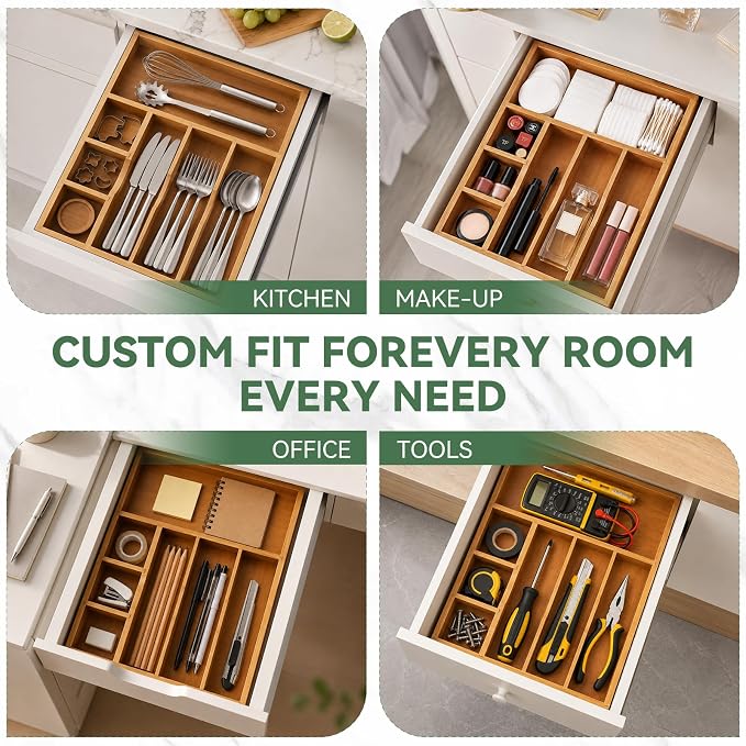 Teak Silverware Organizer For Drawer, Flatware Silverware Storage Tray | 2 Removable Drawer Dividers | Space-Saving Storage for Spoons Forks Knives | Fits 16 in drawers | (7 slots)