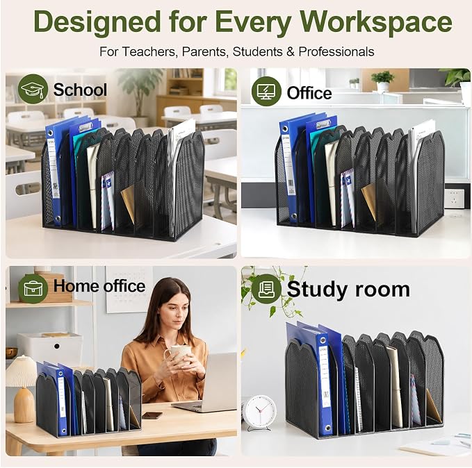 FANXIYQ Black 7-Section File Folder Organizer for Desk, Metal Vertical File Holder Stand, Desktop File Organizer Rack for Letter/A4 Folders, Papers, Books, Office Classroom Home