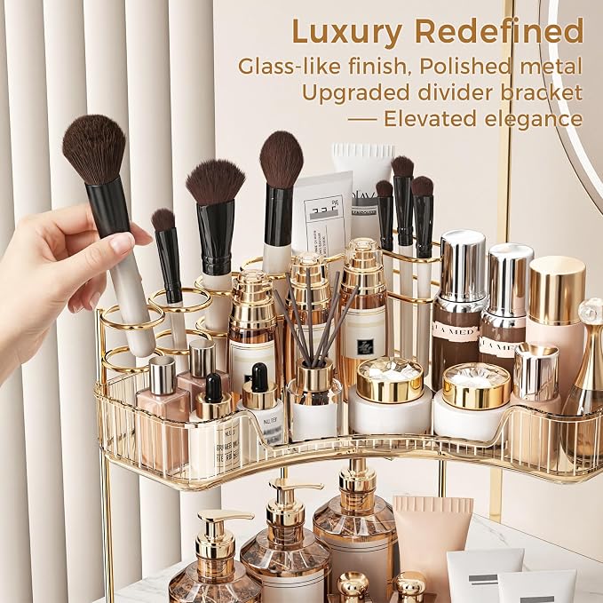 BEFSOP Corner Bathroom Counter Organizer, Upgraded 2-Tier Makeup Organizer Countertop with Makeup Brush Holder, Skincare Exquisite Vanity Organizers Countertop Bathroom Storage Dresser(GOLD)