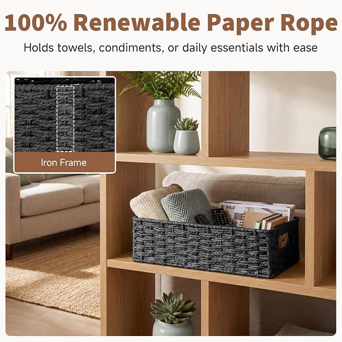 StorageWorks Toilet Basket Tank Topper, Bathroom Basket Organizer, Black | Paper Rope Toilet Paper Baskets for Back of Tank, Small Wicker Basket with Built-in Handles for Rustic Bathroom Decor