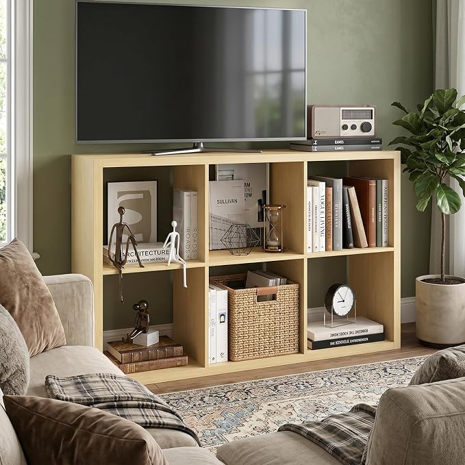 CTESNE【2026 Wooden Thick Frame 6 Cube Storage Organizer Shelf with Anti-Tipping Kits + Reversible Open Back Bookcase, Horizontal and Vertical Dual-use (Oak 13in)
