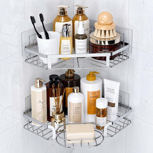 Corner Shower Caddy, Rustproof Shower Organizer with Soap Holder and 8 Hooks, No Drilling Adhesive Shower Shelves for Inside Shower, Large Capacity Shower Rack for Bathroom Shower Storage, Sliver