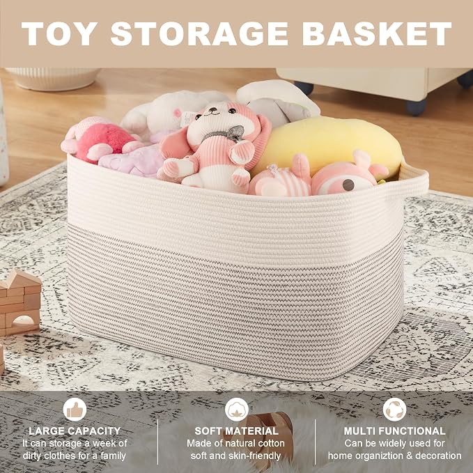 OIASKET Large Blanket Basket, Blanket Storage Living Room, Rectangle Woven Baskets for Storage Toys, Towels, Diry Clothes Organizer Bins (Black & White, 24"x16.9"x14.2")
