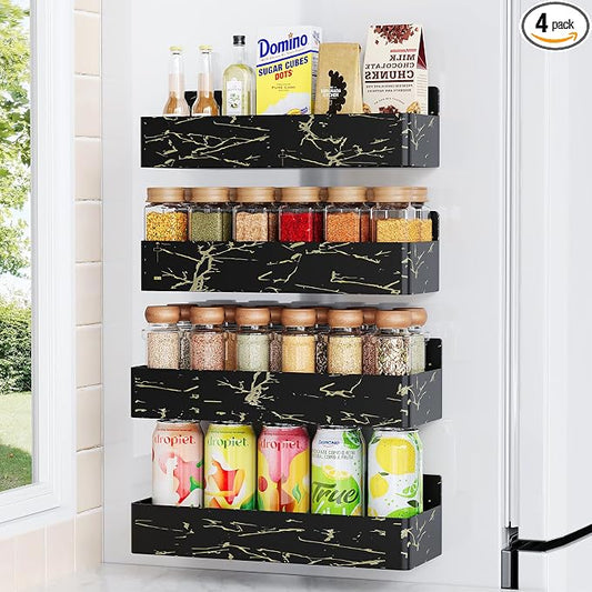 Mystozer Magnetic Spice Rack for Refrigerator, Kitchen Organizer and Storage Shelf, Black Gold(4 Pack)