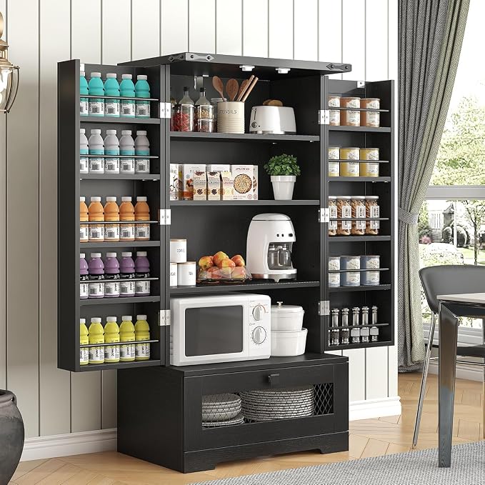 kepptory Farmhouse Pantry Cabinet with Barn Door & Adjustable Shelves, Freestanding Kitchen Storage Cabinet for Dining Room, Bathroom, Hallway (Black)