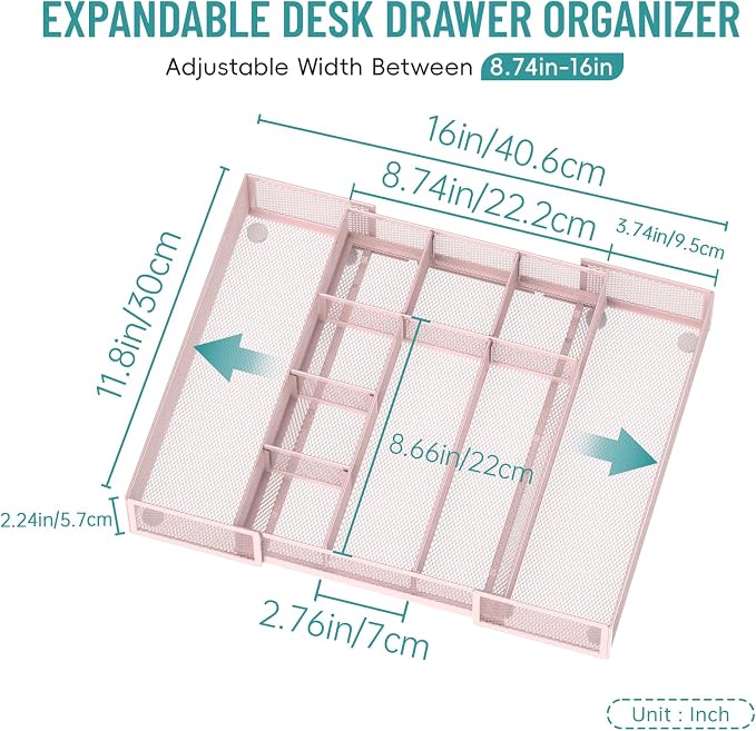 Expandable Desk Drawer Organizer, 10 Adjustable Compartments, Pink | Metal mesh drawer organizer tray with 5 removable dividers, expands from 8.74 to 16 in for office supplies, makeup or tools