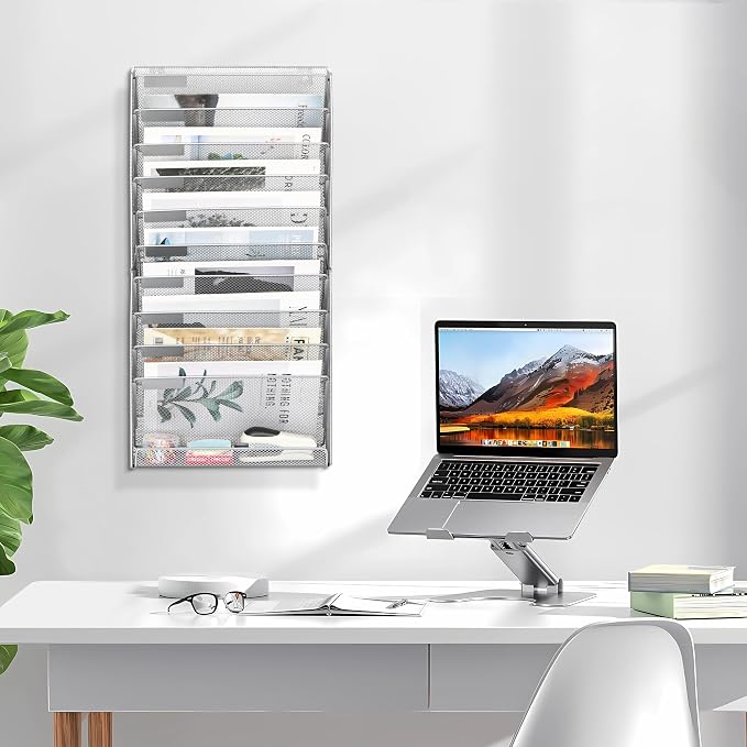 EasyPAG Wall File Holder 10 Tier Mesh Hanging Folder Organizer with Flat Tray Wall Mounted Mail Organizer Magazine Paper Desk Shelf with Nametag Label for Office Home School, Silver