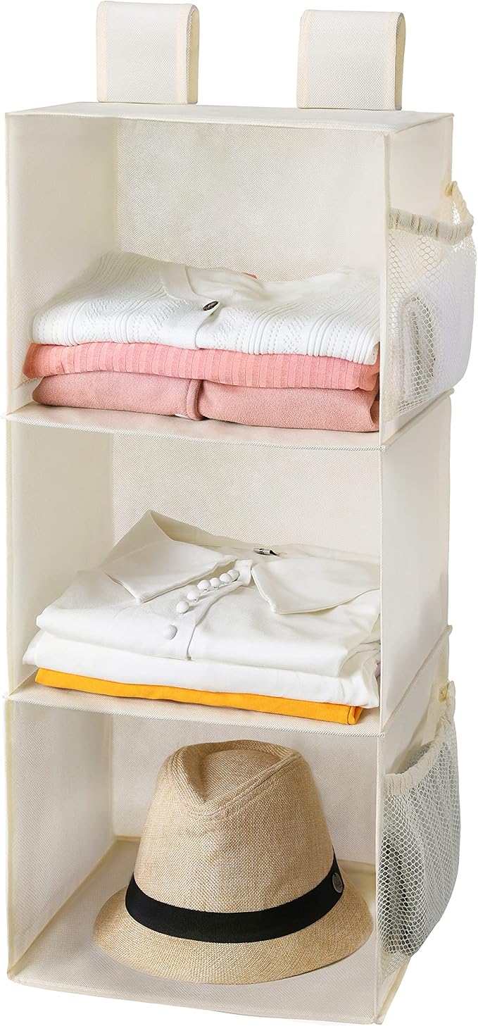 MAX Houser 3-Shelf Hanging Closet Organizer with 2 Velcro, Beige | Hanging Sweater Organizer, Foldable Hanging Shelves for Closet