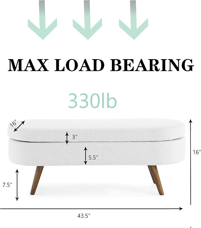 43.5" Ottoman with Storage, Storage Ottoman Bench with Safety Hinge, Linen End of Bed Bench, Upholstered Entryway Bench for Bedroom, Living Room & Window, Holds up to 330 lb, White