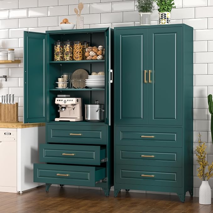 Polup 75" Metal Storage Cabinet, Kitchen Pantry Cabinet with 3 Drawers | Heavy-Duty Green Tall Cabint with 2 Doors and 3 Adjustable Shelves, Magnetic Latch, Gold Handles, for Dining Living Room