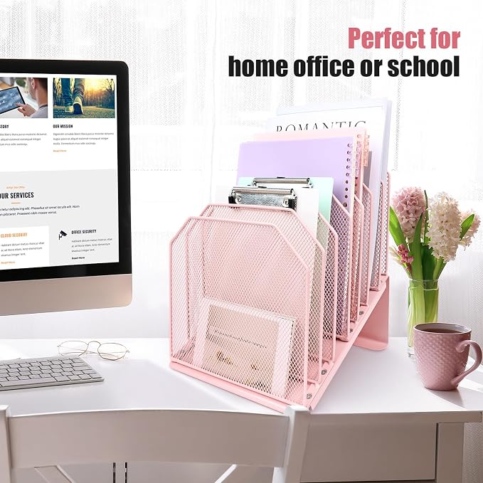 SUMMORO Inclined File Organizer for Desk, 7-Tier Vertical File Folder Holder Office Desk Organizer Metal Rack File Wire Mesh Desktop Document Sorter for Office School Classroom Home (Pink)