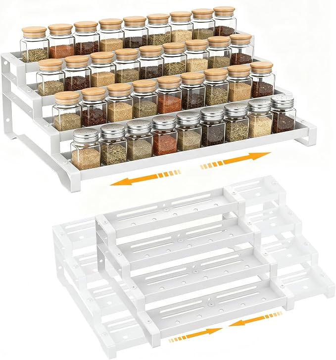 Spice Rack Organizer for Cabinet, 13-21.5" Expandable Spicy Shelf | 11.6" Wide 4-Tier White Metal Seasoning Organizer, Kitchen Spice Organization, Slip-Resistant Guardrails for Jars and Cans
