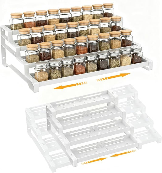 Spice Rack Organizer for Cabinet, 13-21.5" Expandable Spicy Shelf | 11.6" Wide 4-Tier White Metal Seasoning Organizer, Kitchen Spice Organization, Slip-Resistant Guardrails for Jars and Cans