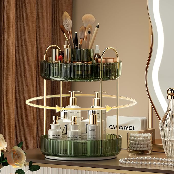 YCIA&DONE Rotating Makeup Organizer for Vanity, Large Capacity Make Up Storage Skin Care Shelf Perfume Holders Cosmetic Dresser Organizer Countertop Spinning 360 (Vintage Green, 2Tiers)