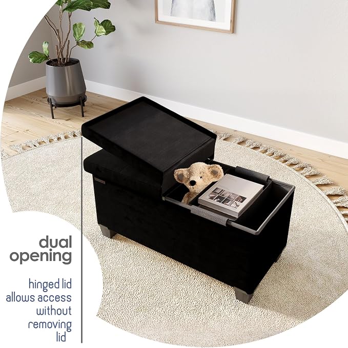 Storage Ottoman Bench with Bins, 30-in Storage Bench for Bedroom End of Bed, Folding Foot Rest Ottoman for Living Room Max 660lbs, Velvet Ottomans, Black