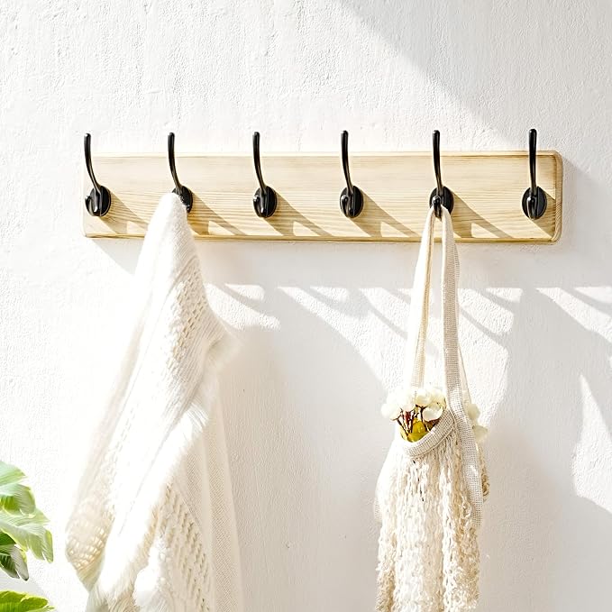 Coat Rack Wall: 24" Long, Patented, Heavy-Duty, 6-Double-Hooks Wooden Wall Mounted Coat Rack Coat Hanger Hook Rail for Winter Coats Hat Jacket Clothing, Light Brown
