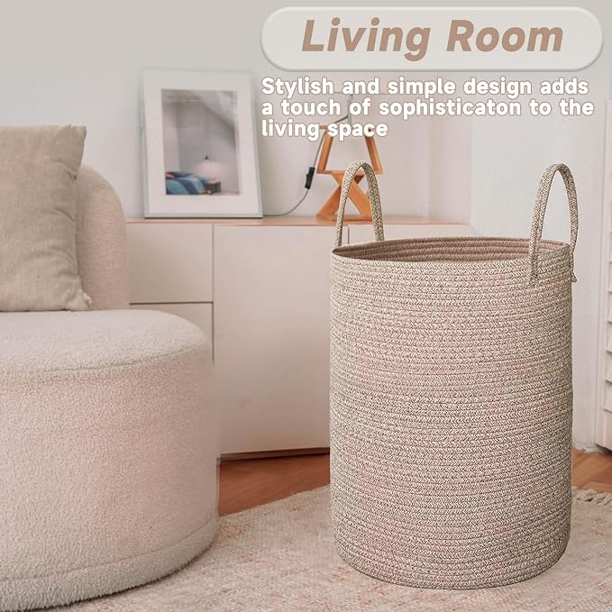 JMvicyroam 80L Cotton Rope Laundry Basket Hamper, Oatmeal | Collapsible laundry basket, reinforced handles, freestanding, machine washable, holds 3-5 thick blankets, clothes or toys
