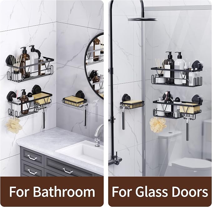 KEGII Shower Caddy Suction Cup, 3 Pack Removable Shower Shelves with Hooks & Soap Holder, No Drilling Bathroom Organizer, Waterproof Suction Storage for Inside Shower, Black