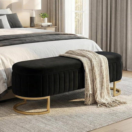 51" Velvet Storage Ottoman Bench End of Bed for Bedroom Entryway Black