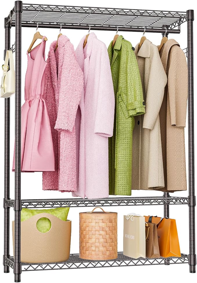 M MZG Heavy Duty Rolling Garment Rack 3 Tiers Adjustable Wire Shelving Clothes Rack with 1 Rods and Side Hooks,Storage Closet Clothing Rack Grey 15.7" D x 45.3" W x 72.4" H